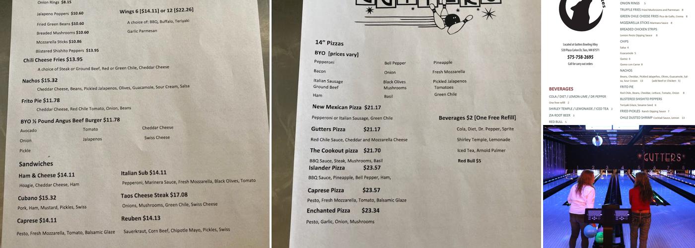 Gutters Bowling Menu