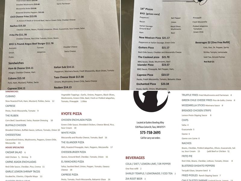 Gutters Bowling Menu