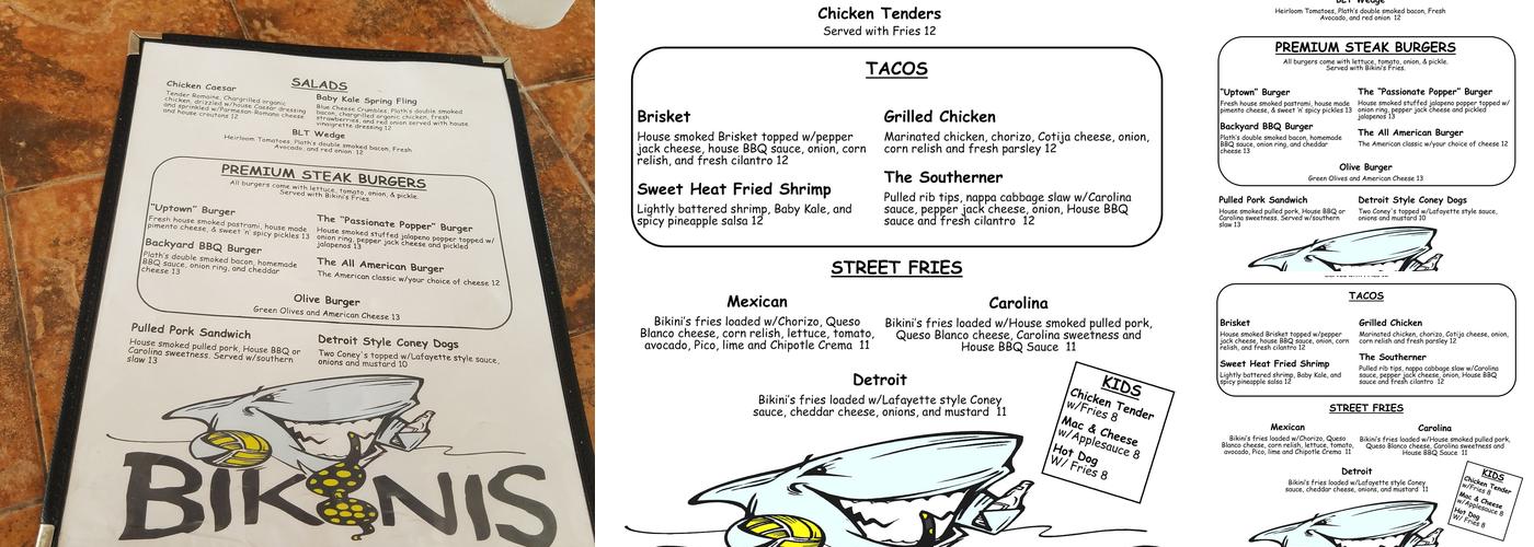 Bikinis Beach Bar Menu