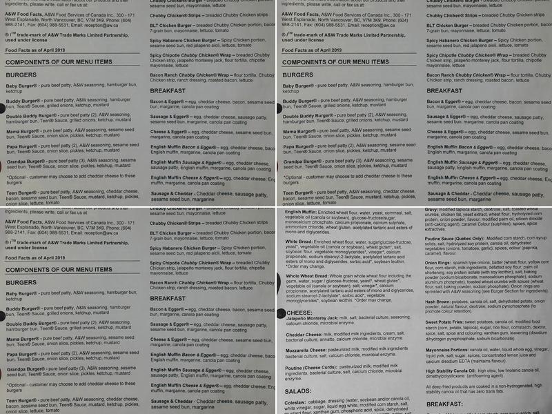 A&W Canada Menu