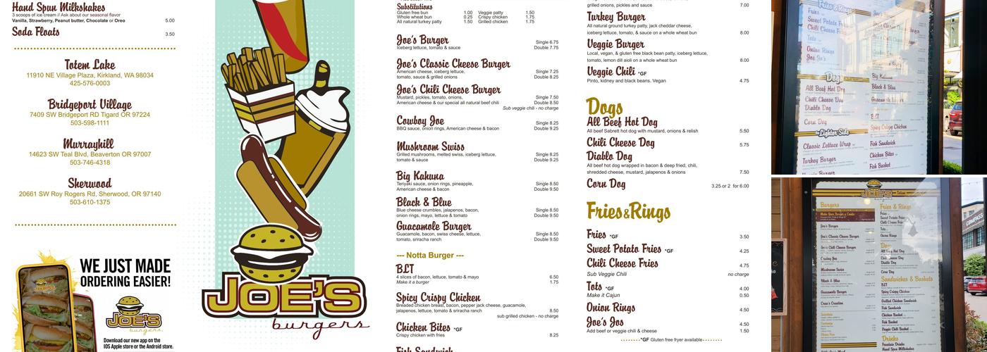 Joe's Burgers Menu