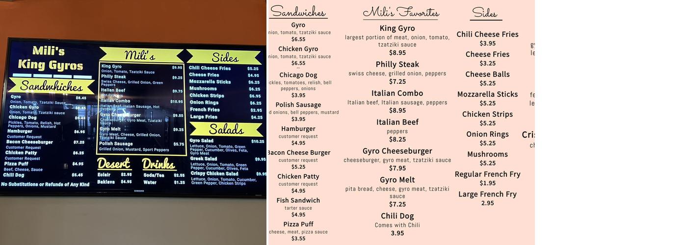 Mili's King Gyros Menu