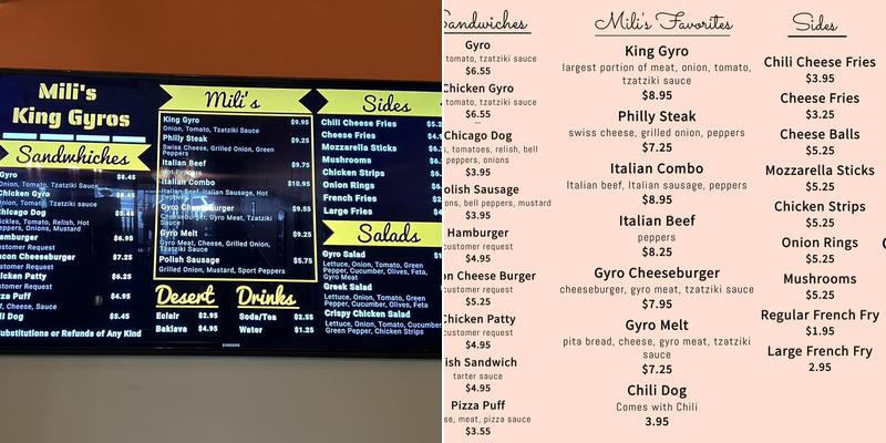 Mili's King Gyros Menu