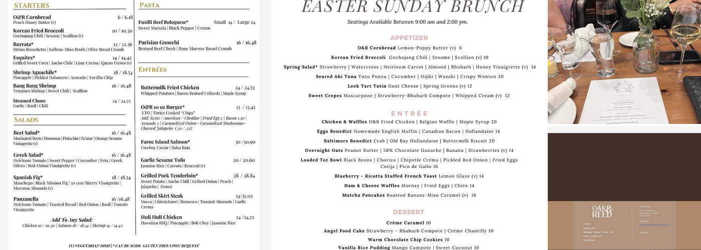 Oak & Reed Menu