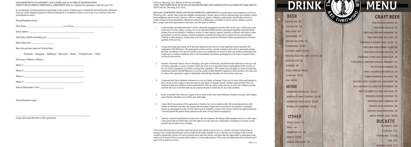 Craft Axe Throwing Menu