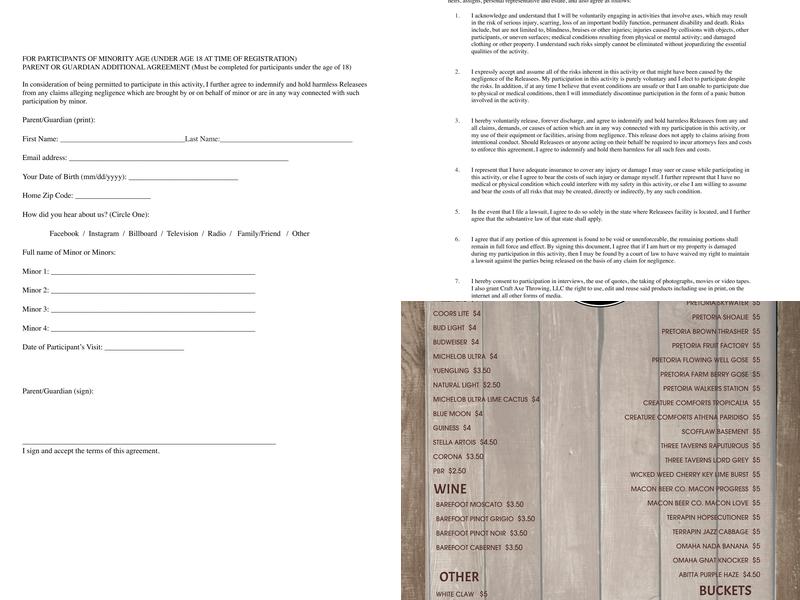 Craft Axe Throwing Menu