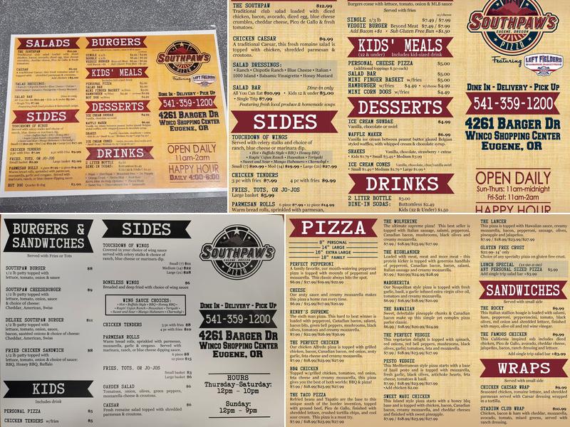 Southpaw's Pizza Eugene Menu