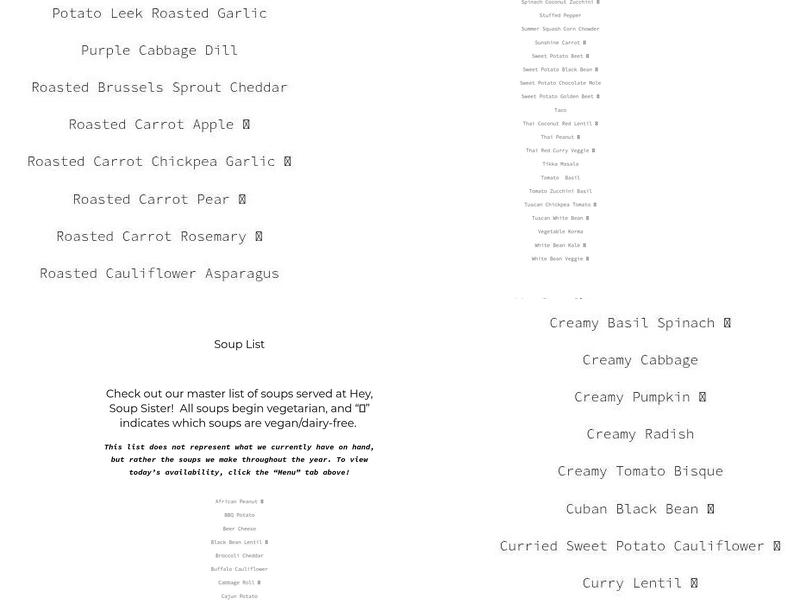Hey Soup Sister Menu