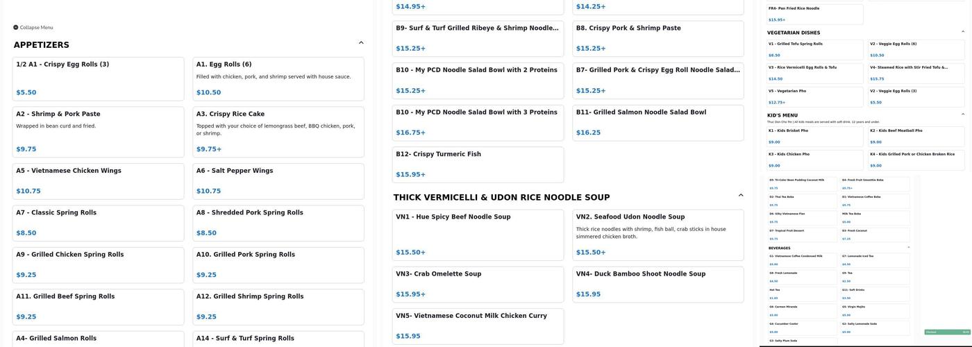 Pho Ca Dao Vietnamese Kitchen Menu