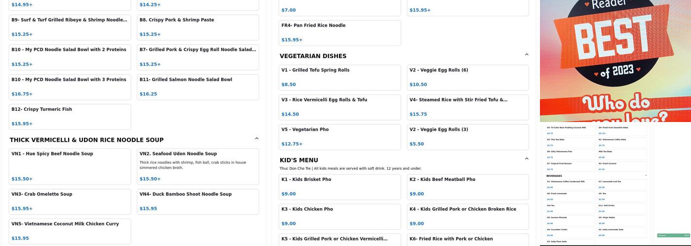 Pho Ca Dao Vietnamese Kitchen Menu