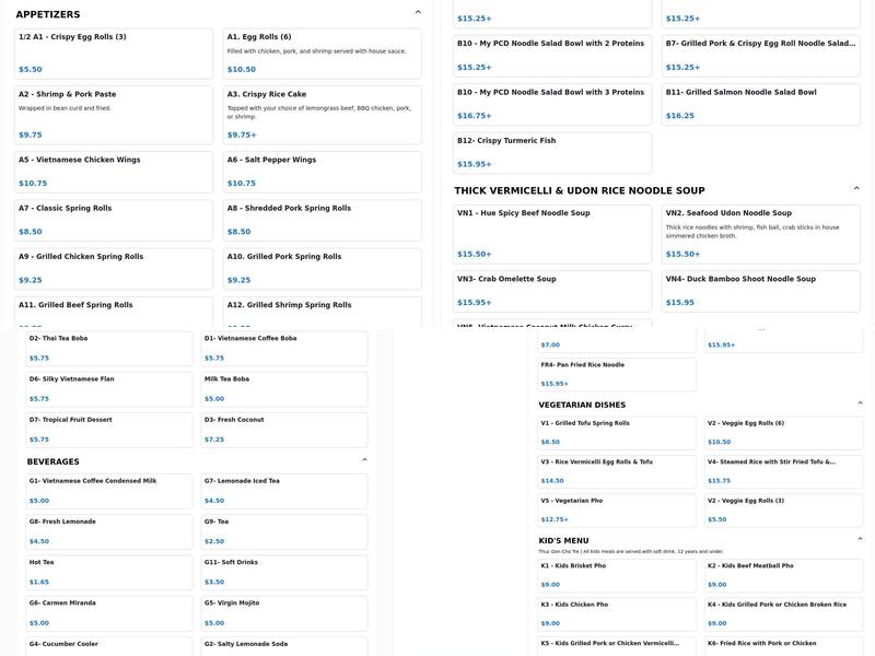 Pho Ca Dao Vietnamese Kitchen Menu