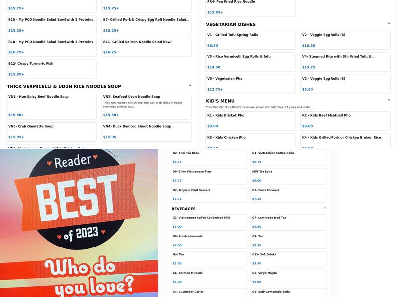 Pho Ca Dao Vietnamese Kitchen Menu