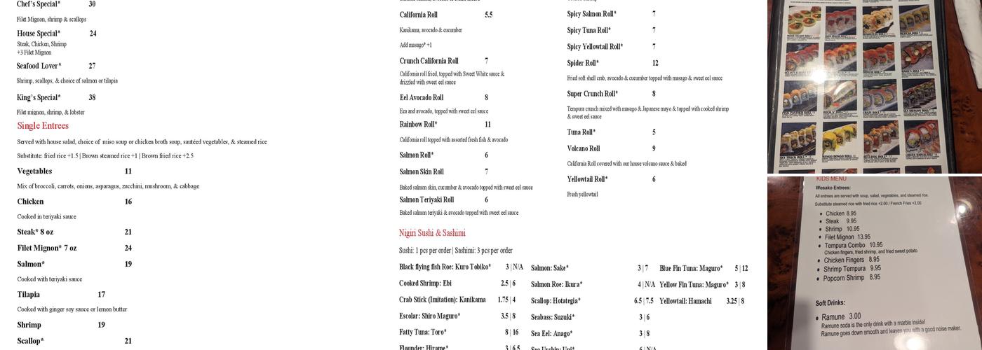Wasabi Sushi & Steak Japanese Restaurant Menu