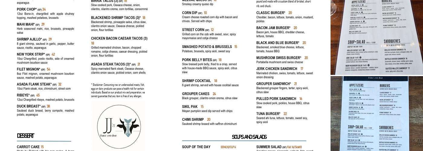 JJ's Table and Bar Menu