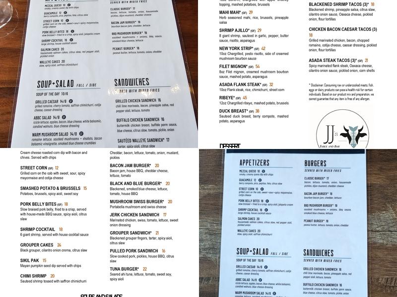 JJ's Table and Bar Menu