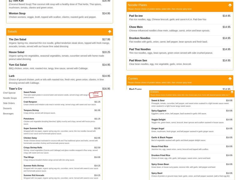 Zen Thai Cafe Menu