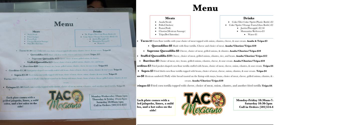 Taco Mexicano Menu