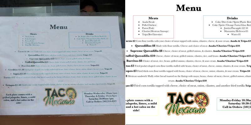 Taco Mexicano Menu
