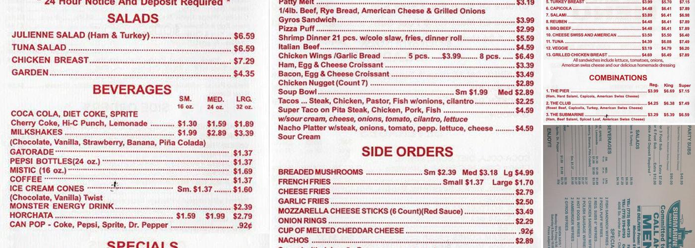 The Submarine Pier Menu