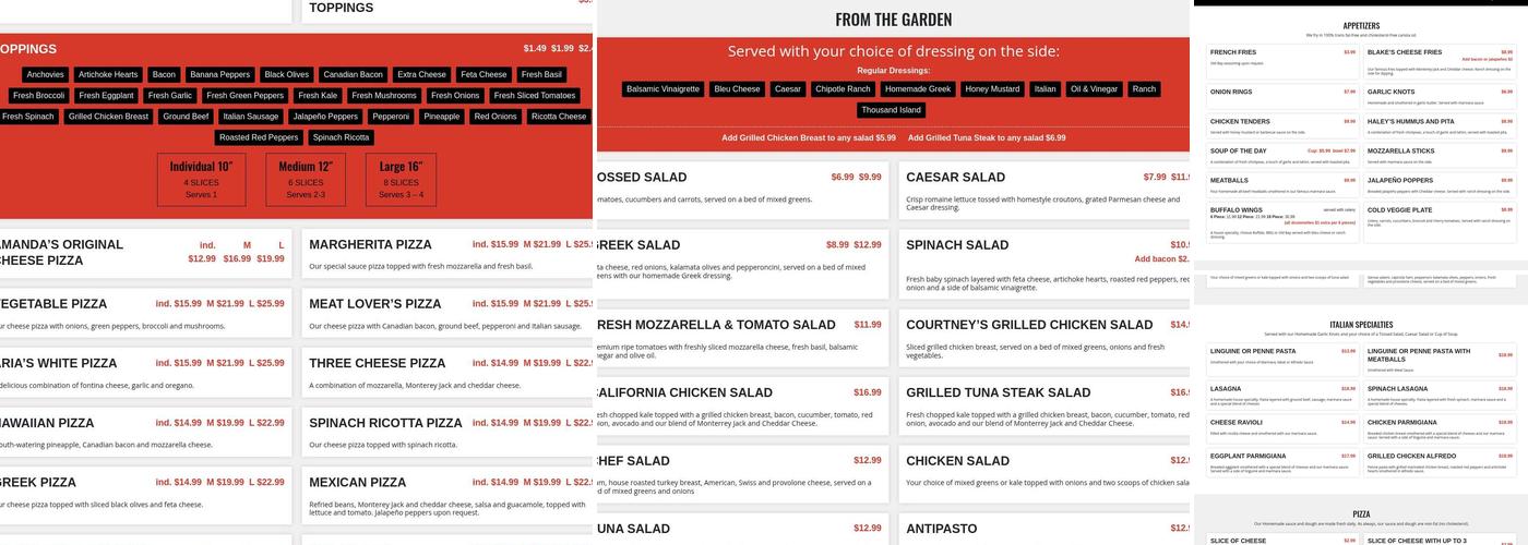 Potomac Pizza Menu