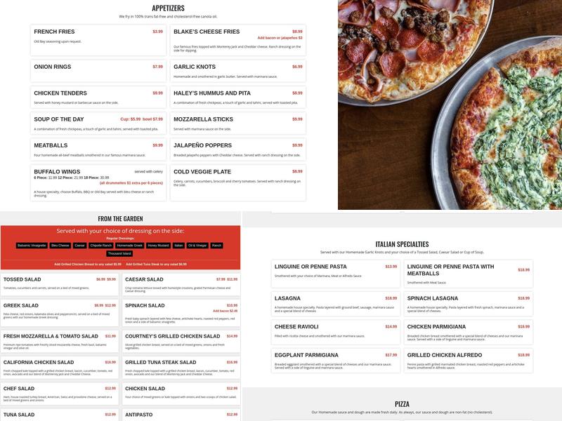 Potomac Pizza Menu
