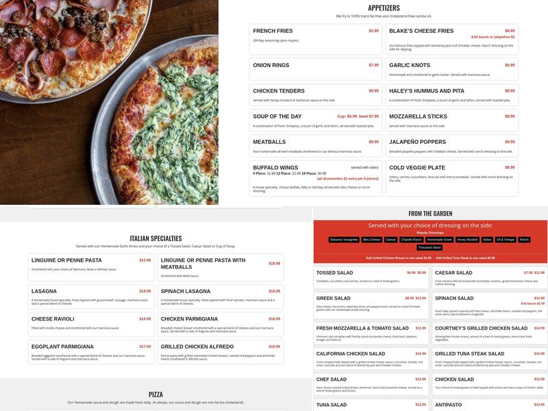 Potomac Pizza Menu