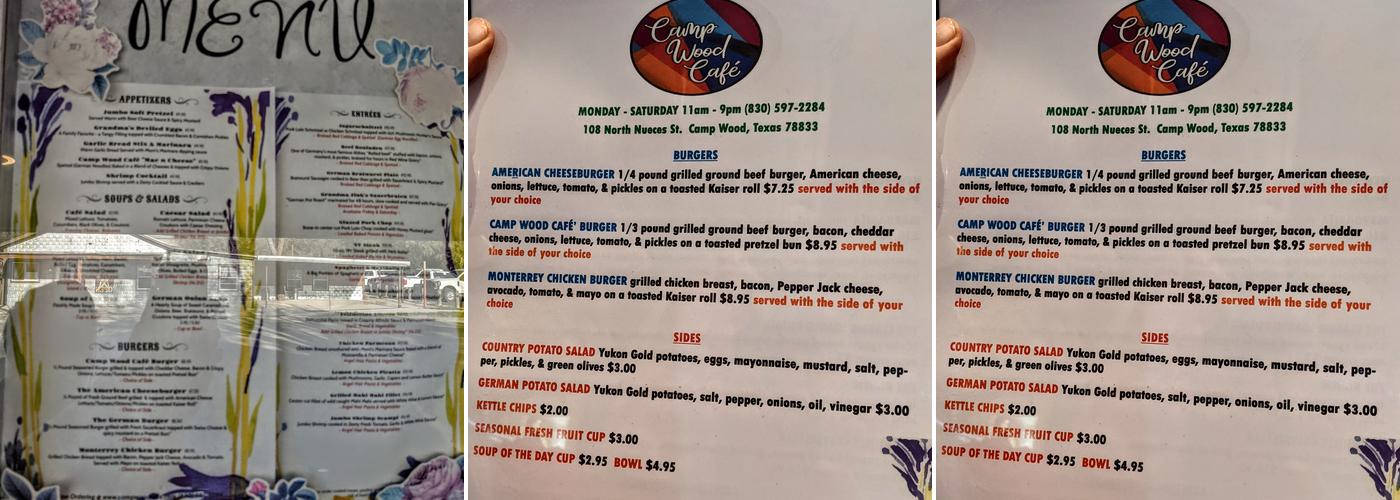 Camp Wood Cafe Menu