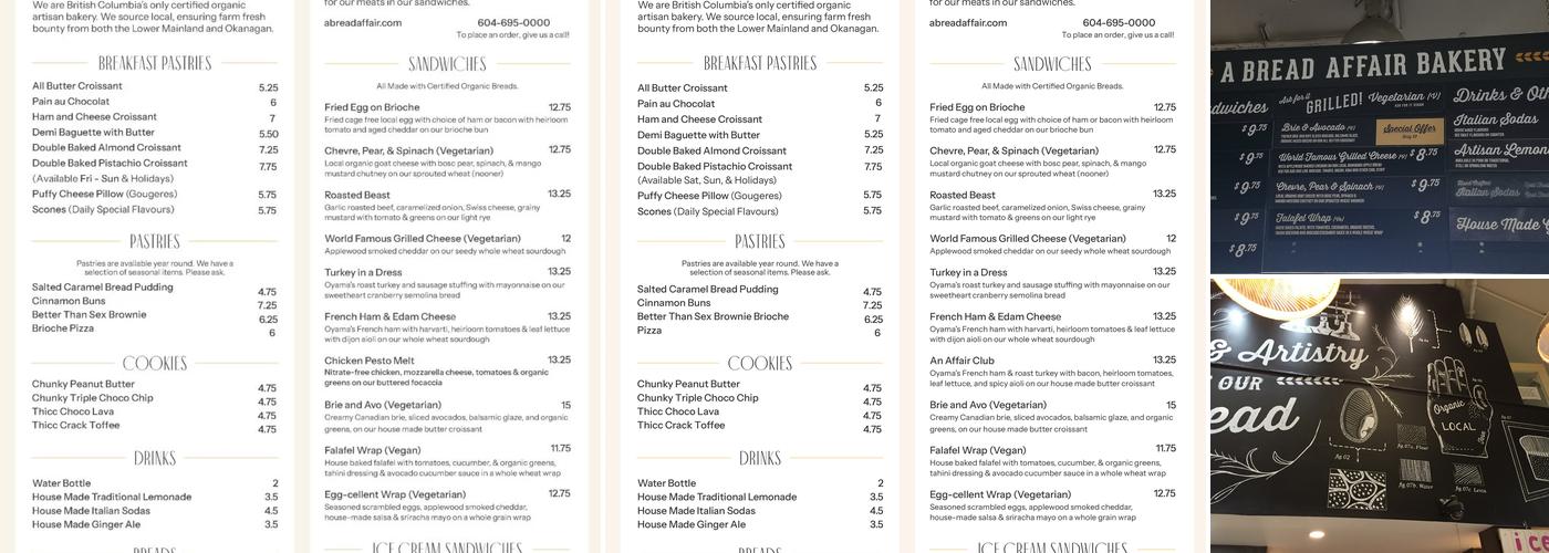 A Bread Affair Menu