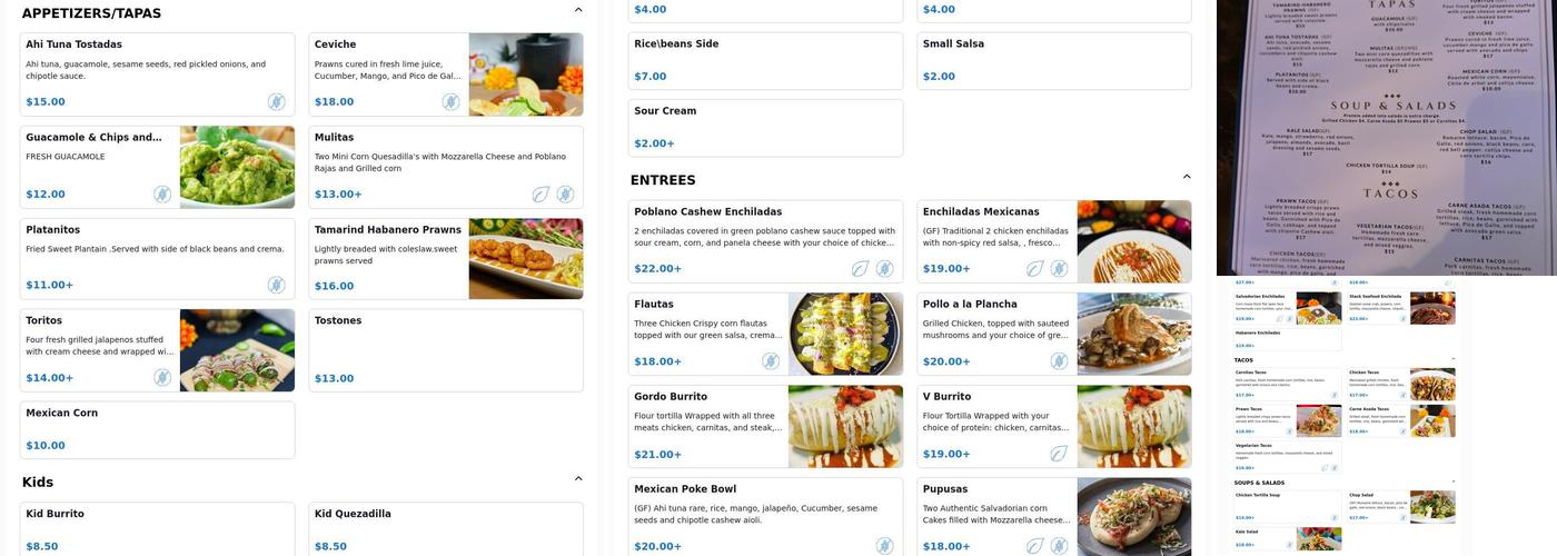 Valentina’s lounge. Menu