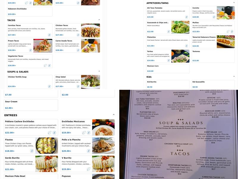 Valentina’s lounge. Menu