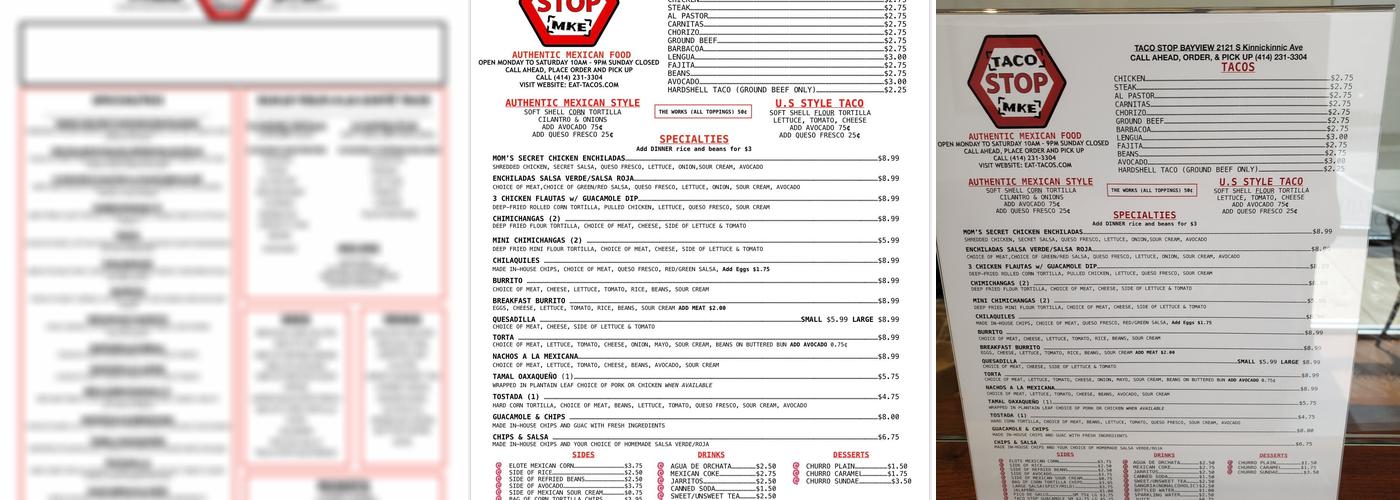 Taco Stop MKE (bay view) Menu