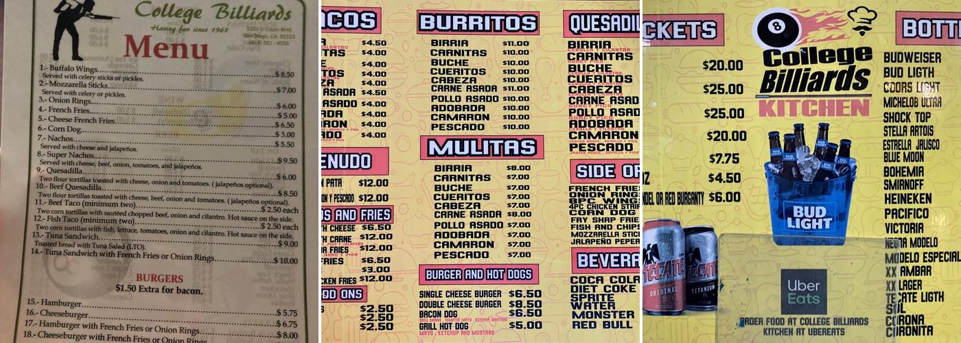 College Billiards Menu