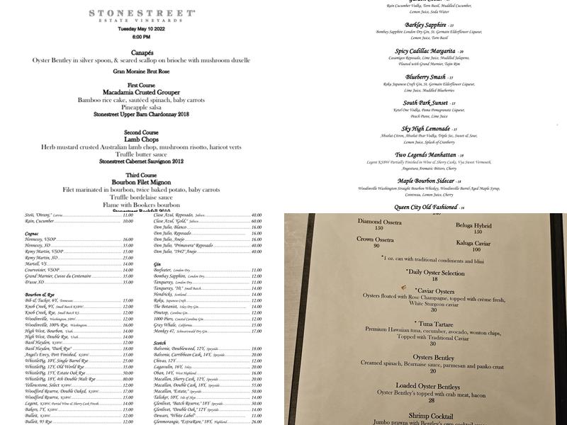 Bentley's Restaurant Menu