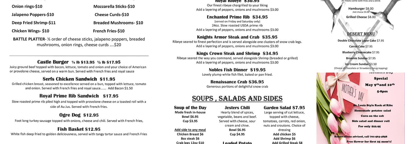 Excalibur Steakhouse Menu