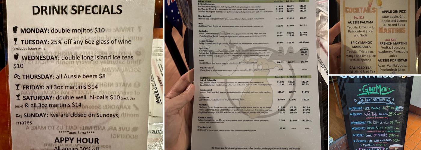Moose's Down Under Bar and Grill - Vancouver Menu