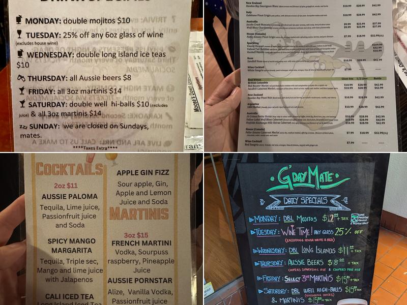 Moose's Down Under Bar and Grill - Vancouver Menu