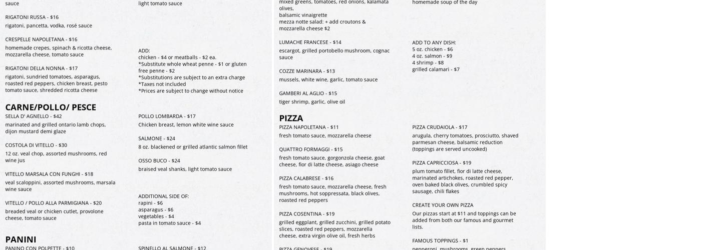 Mezza Notte Menu