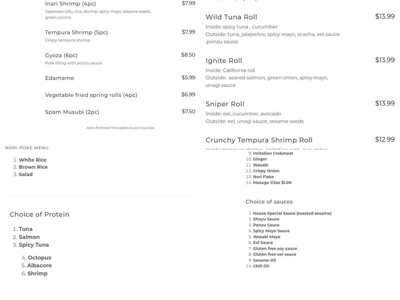 Nori Poke & Sushi Menu