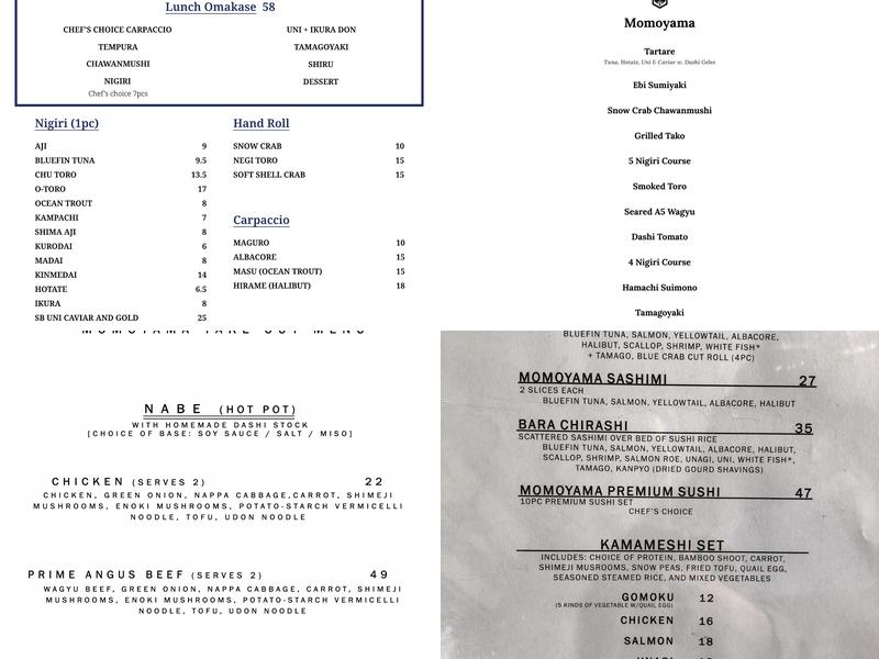Momoyama 桃山 Menu
