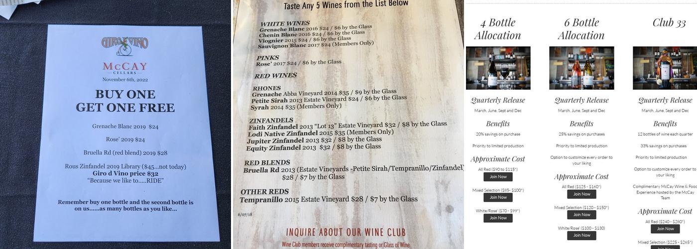 McCay Cellars Menu