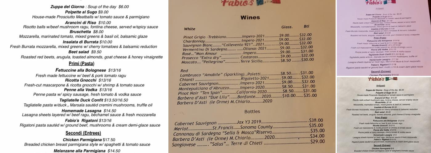 Fabio's Ristorante Italiano Menu