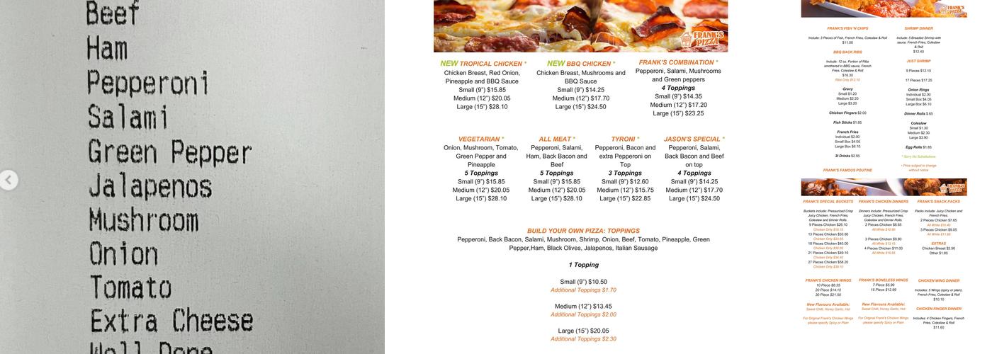 Frank's Pizza Menu