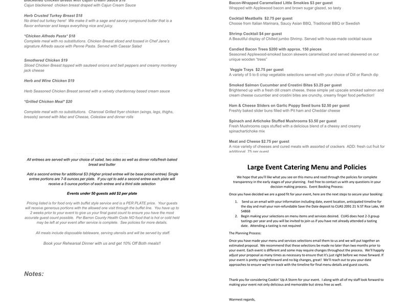 cookin' up a storm Menu