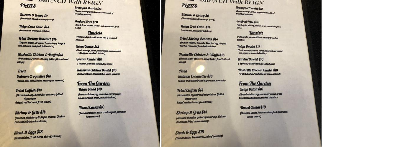Reign Restaurant Menu