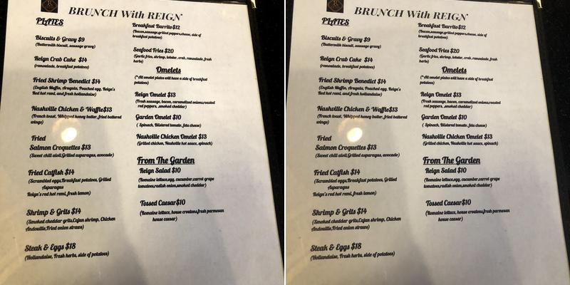 Reign Restaurant Menu