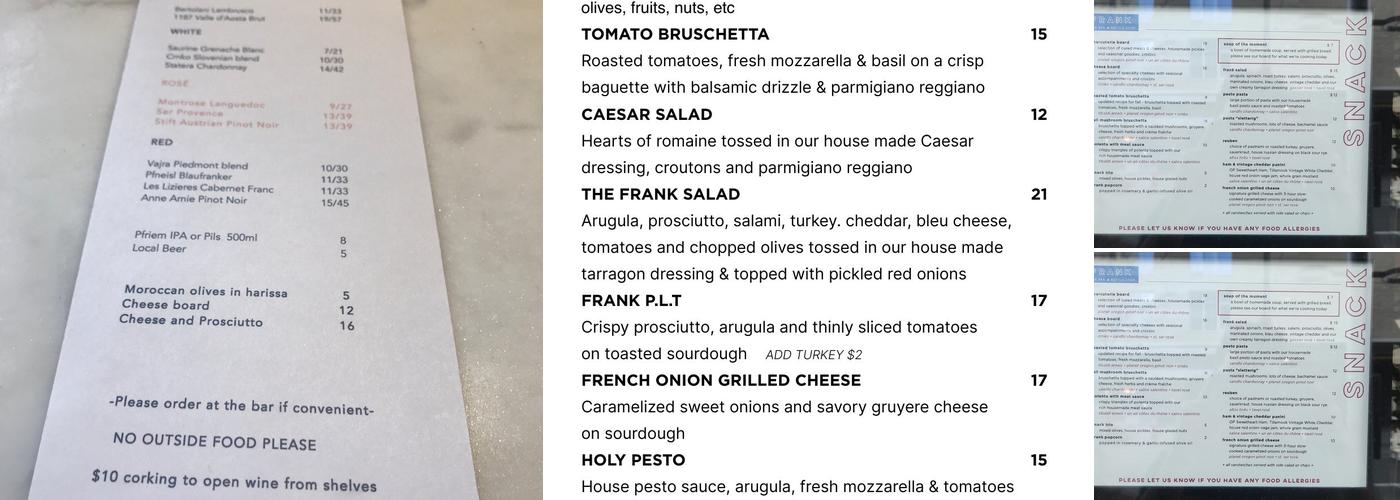 Frank Wine Bar Menu