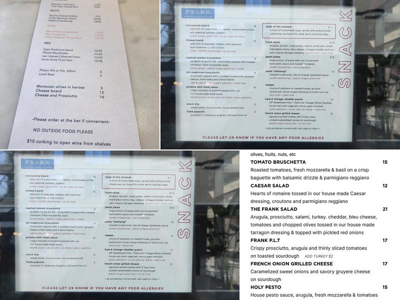 Frank Wine Bar Menu