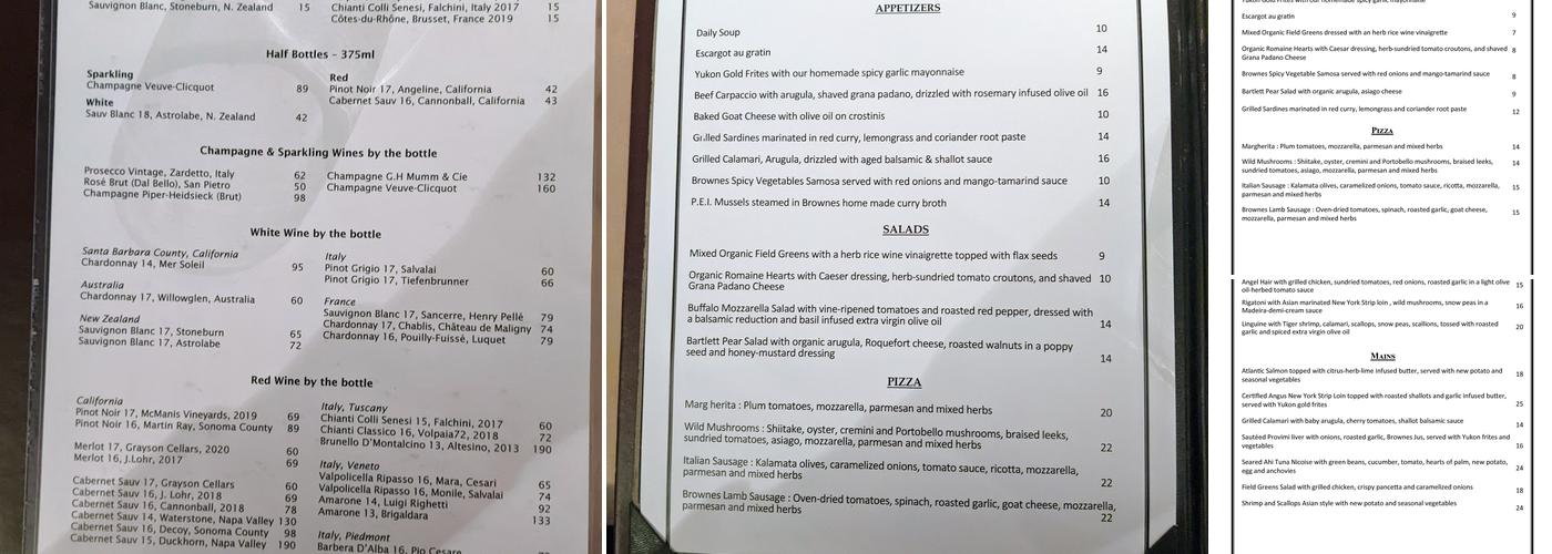 Brownes Bistro Menu