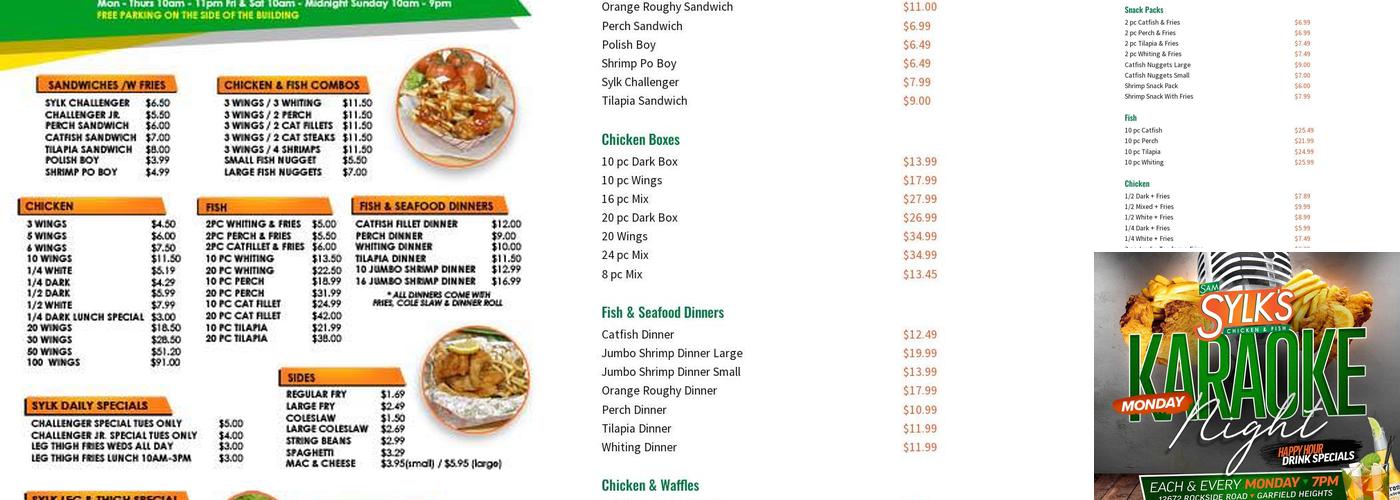 Sam Sylk's Chicken And Fish Menu