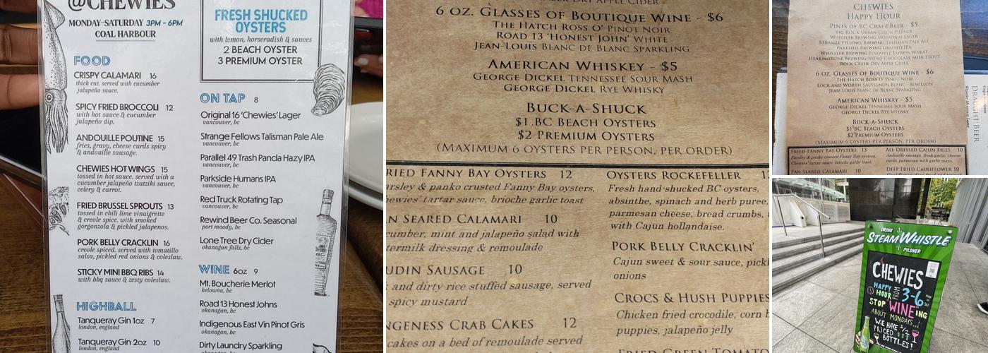 Chewies Steam & Oyster Bar - Coal Harbour Menu